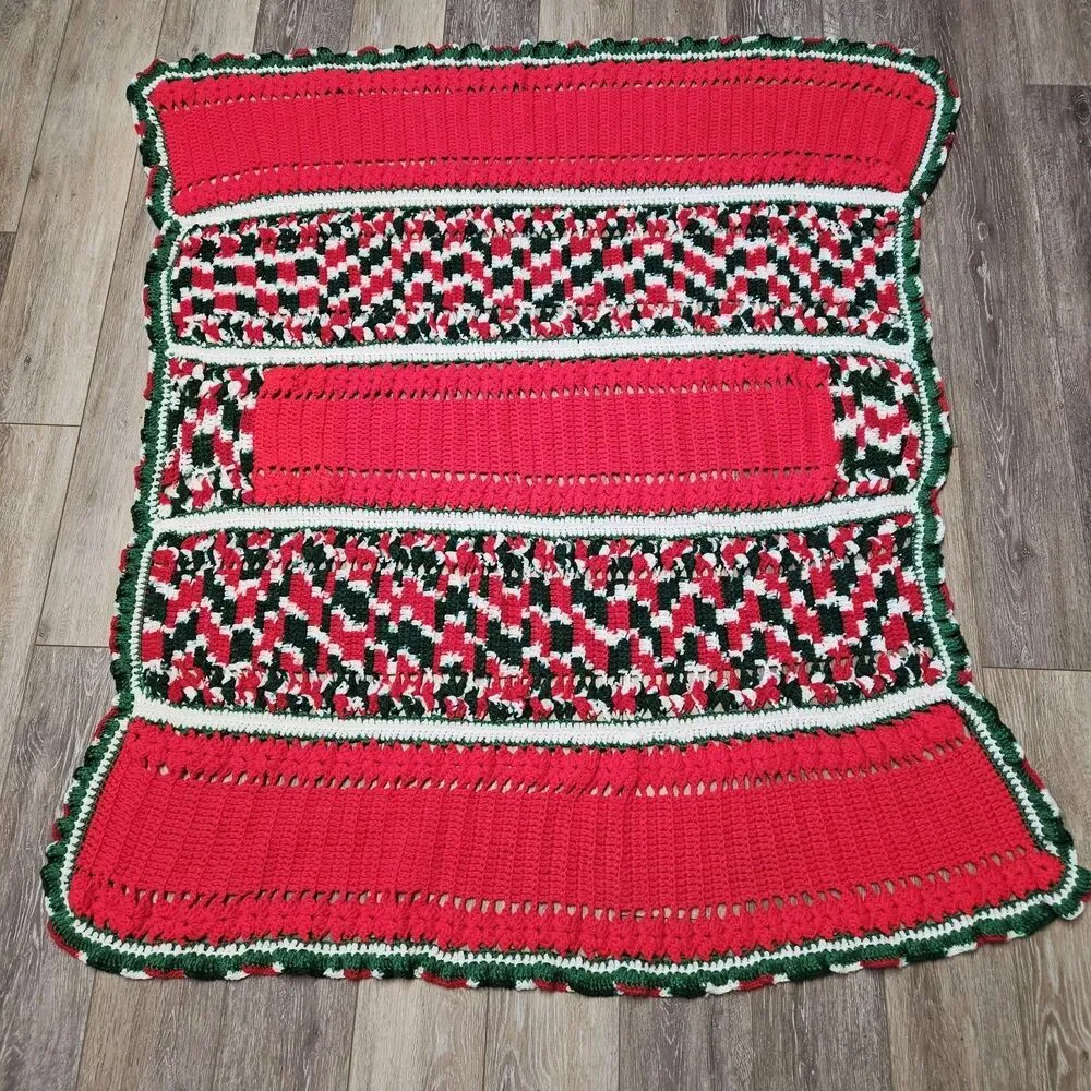 Vintage Handmade Crochet Afghan Blanket Red Green White Christmas Holiday Throw